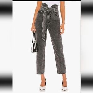 GRLFRND Dee Rumor Has It Washed Black Paperbag Belted High Rise Tapered Jeans 28